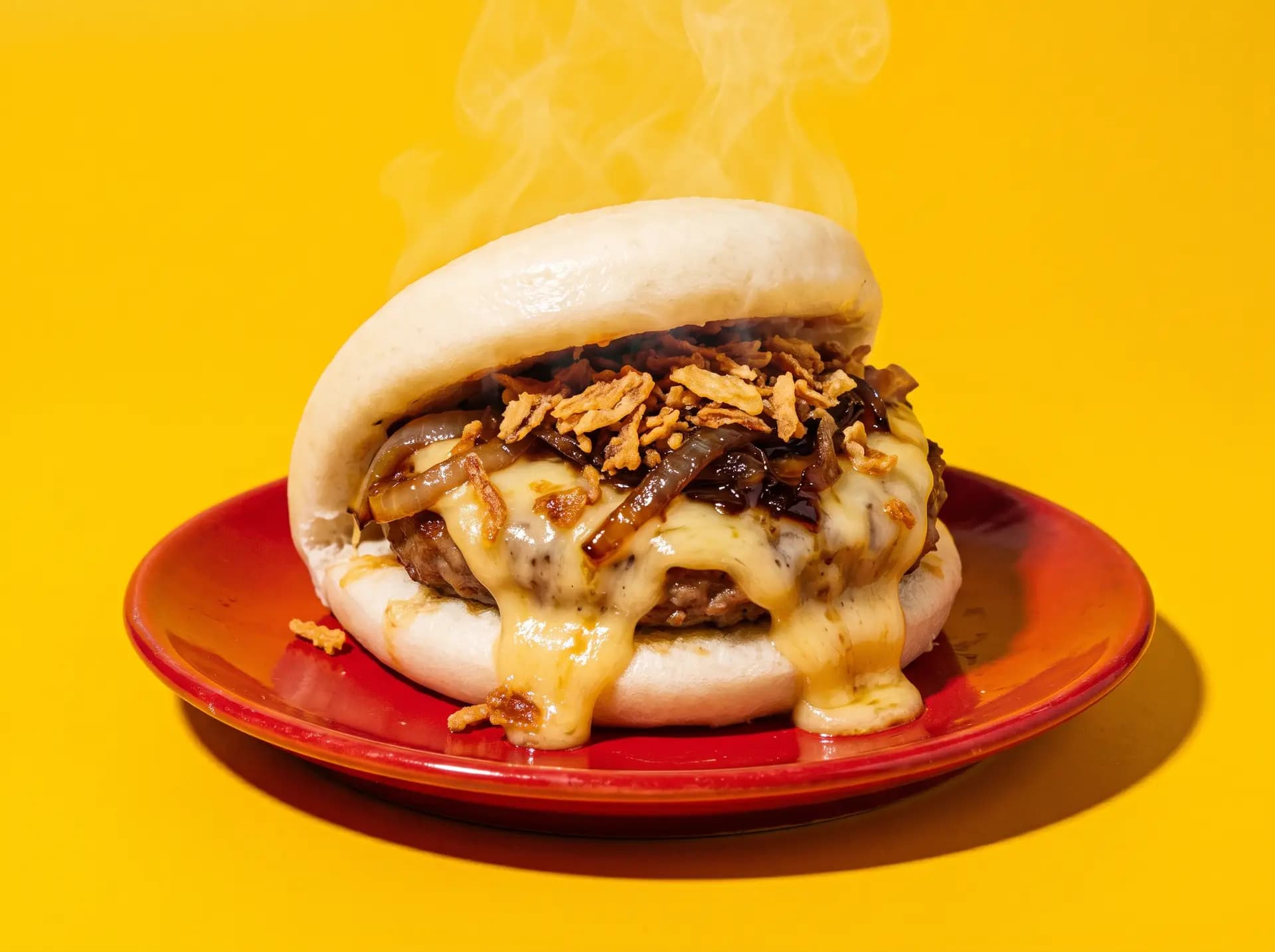 Bao burger au munster fondant et oignons caramélisés sur fond jaune vif