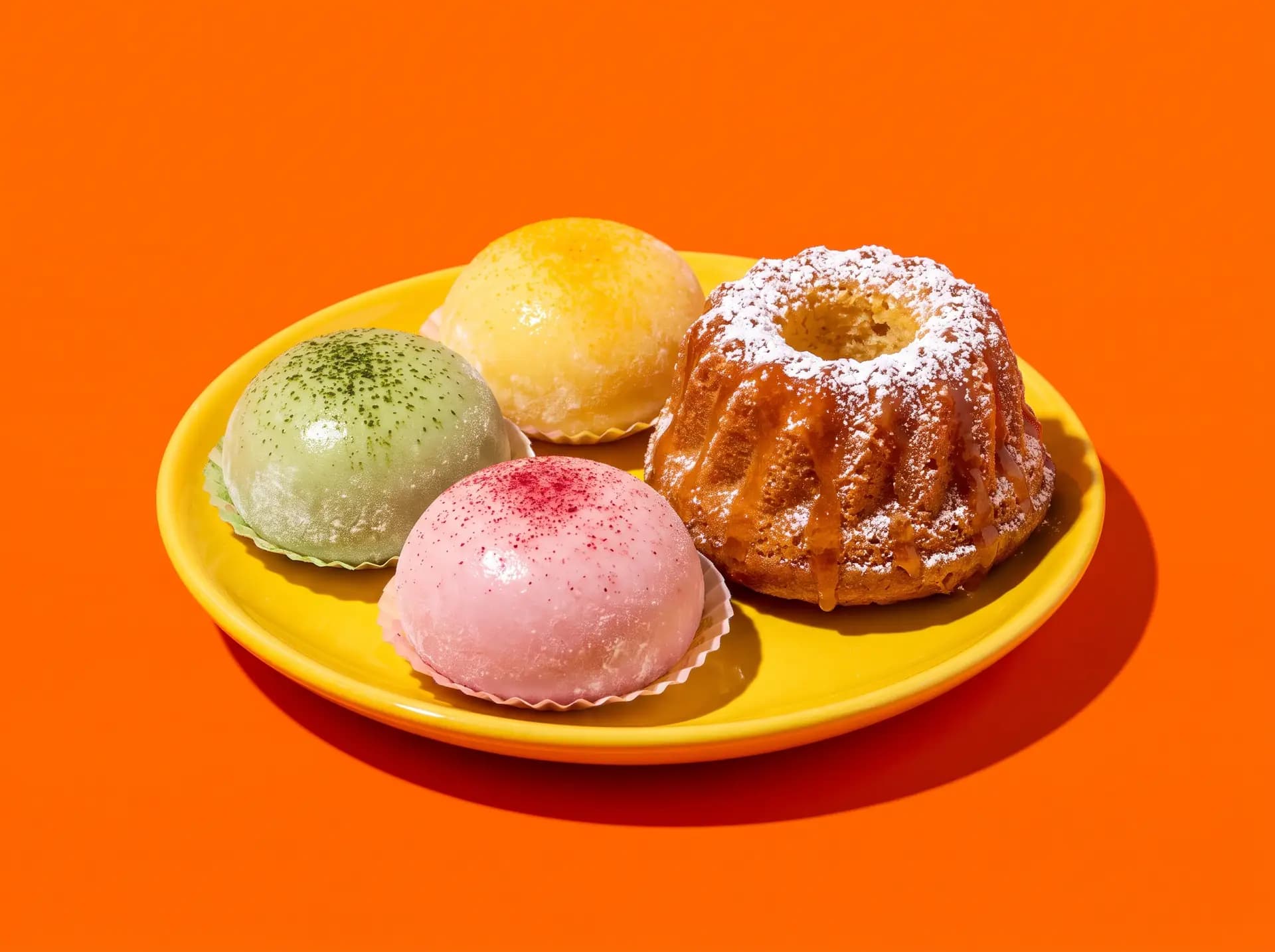 Mochis pastel et mini kougelhopf glacé sur fond orange vif
