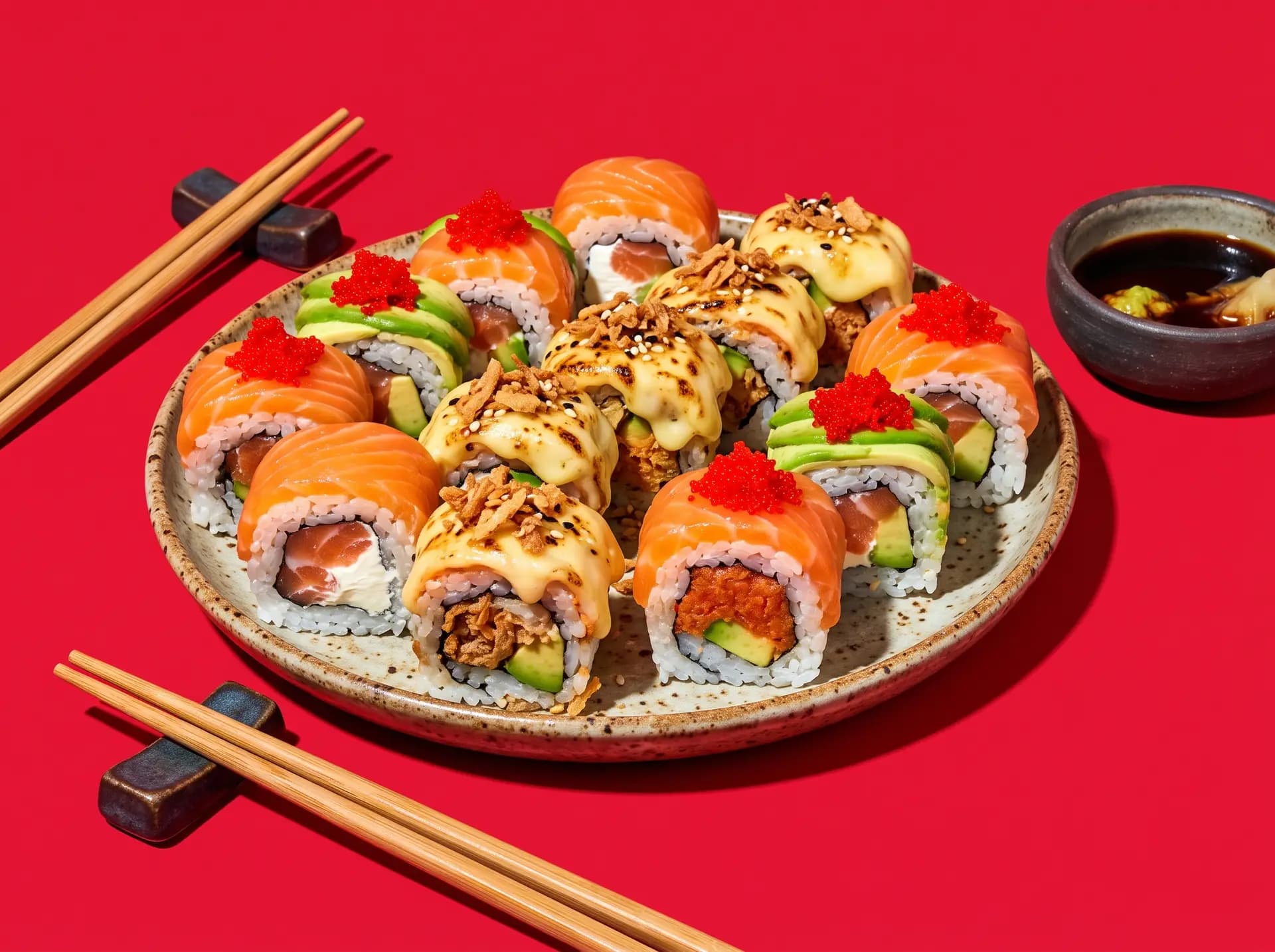 Plateau de makis fusion colorés avec baguettes sur fond rouge vif